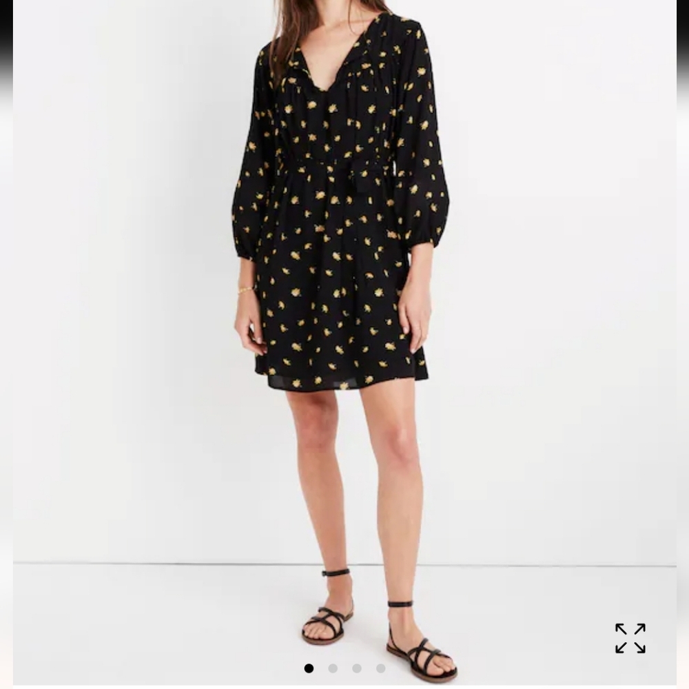NWT Tie-Waist Mini Dress in French Daisies Black Floral Dress Size XXS